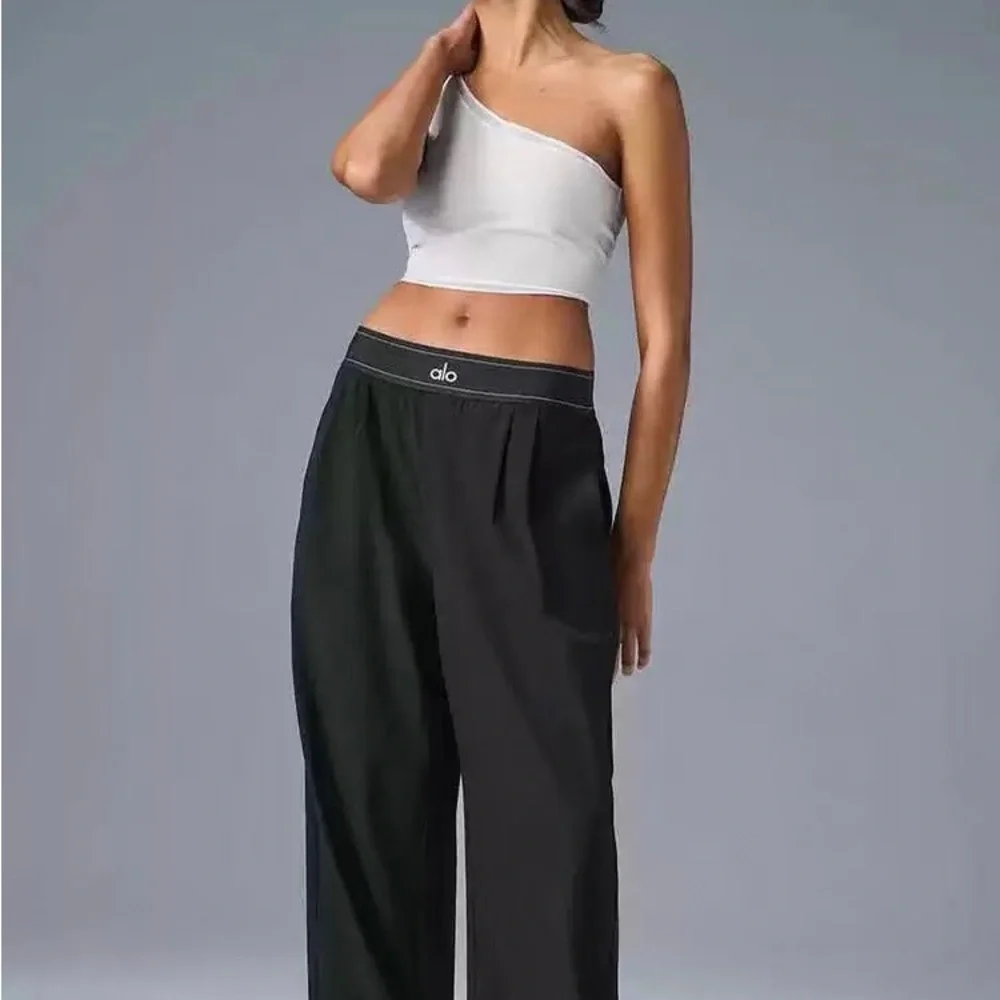 ALO Yoga Black Wide Leg High-Rise Pants with Logo Waistband